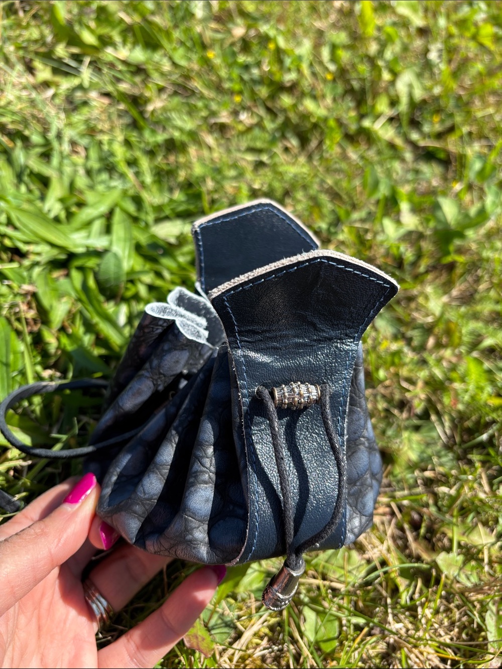 Black Leather Drawstring Coin & Card Pouch